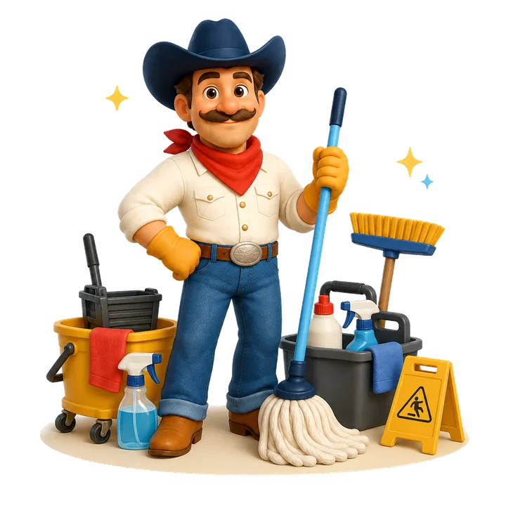 Tidy Cowboy mascot with cleaning supplies